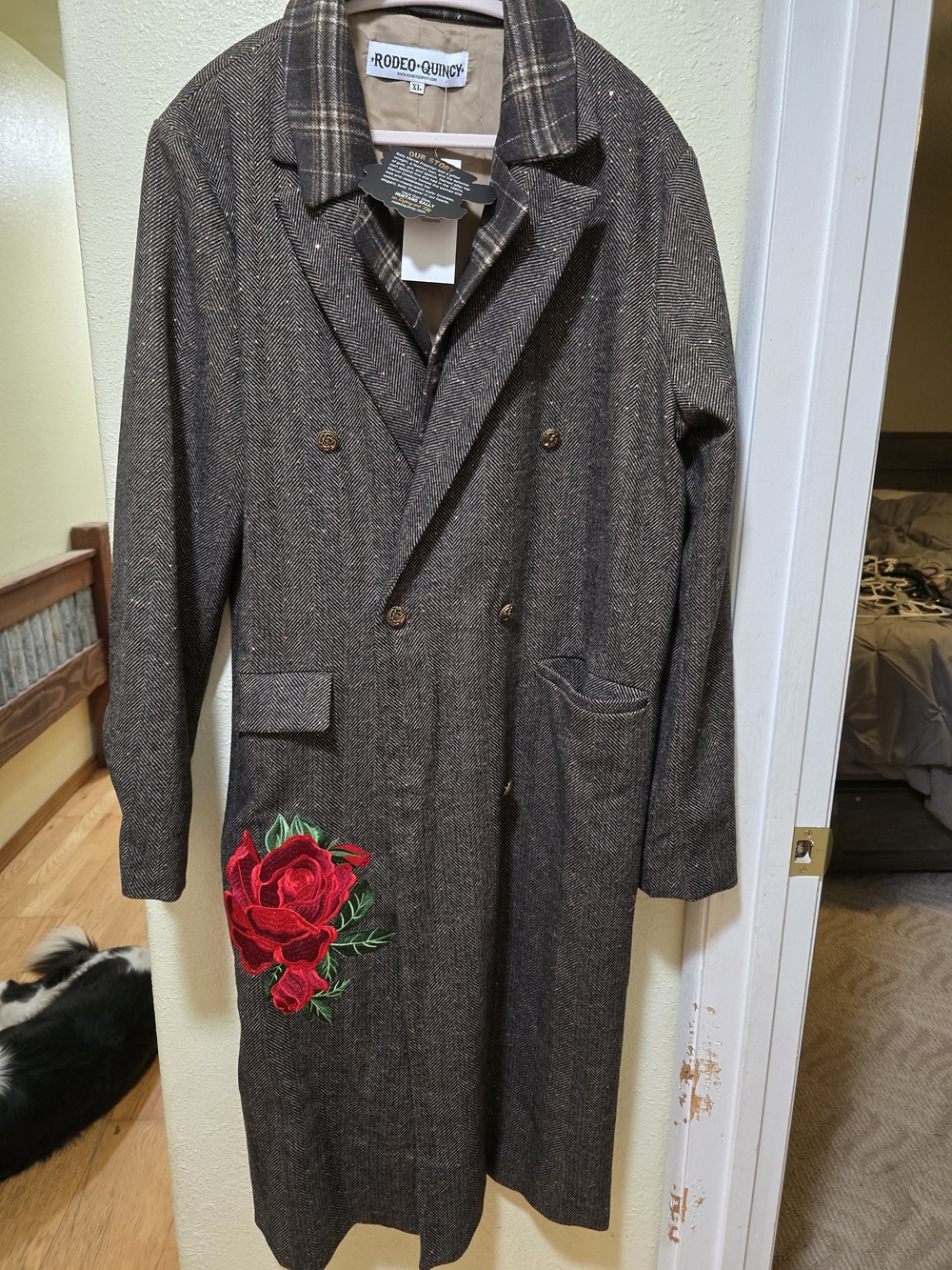 Rodeo Quincy Mrs Marvel Brown Double-Breasted  Coat with Red Rose Embroidery